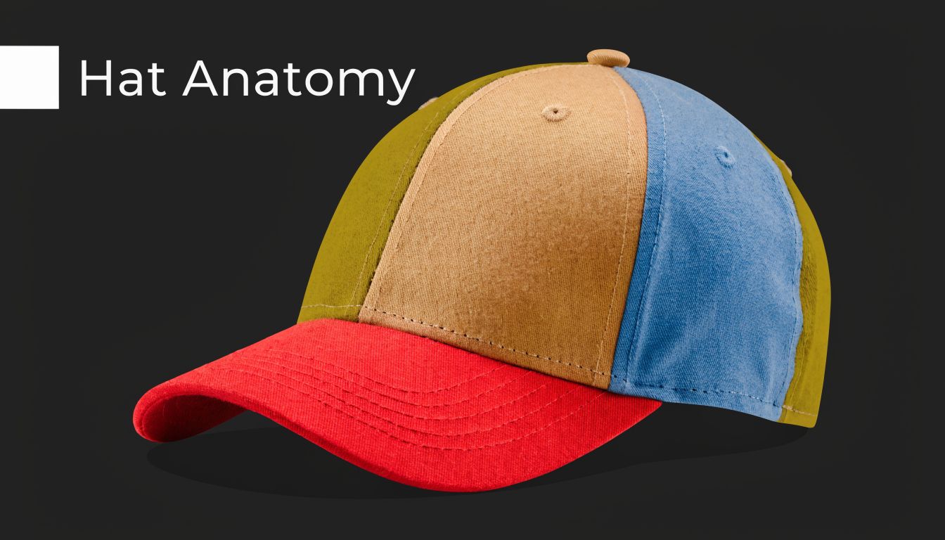 A colorful baseball cap composed of green, tan, and blue panels with a vibrant red visor.