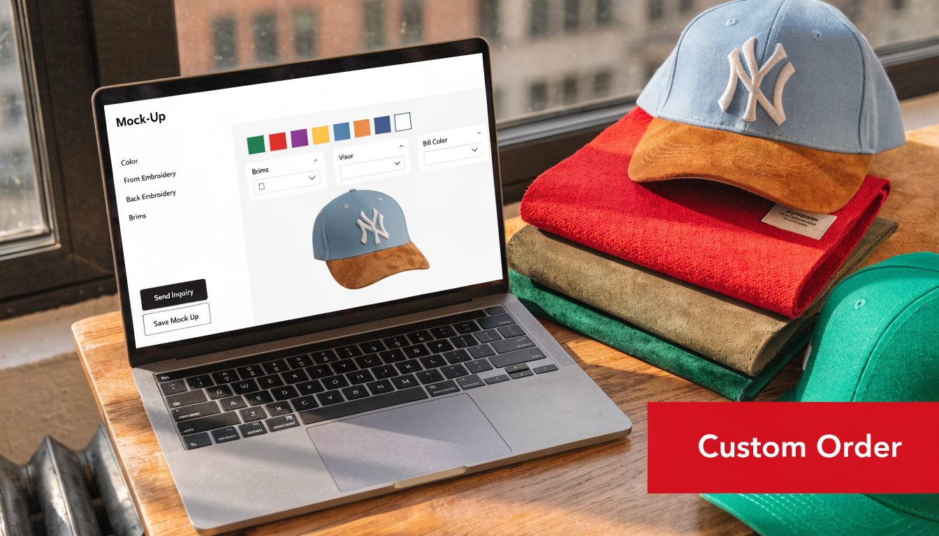 A laptop showing an online cap customization tool next to a stack of colorful fabric hats.