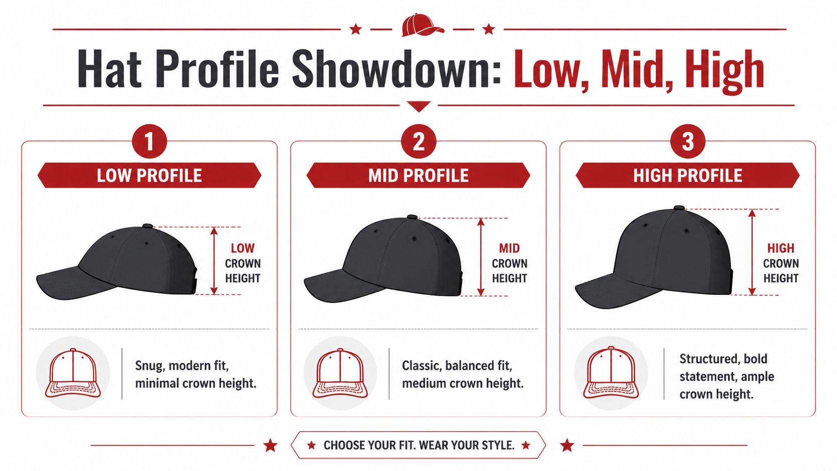 A diagram comparing low, mid, and high profile hat crown heights to help choose the right fit.