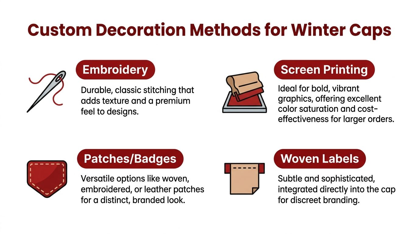 An infographic detailing four popular custom decoration methods for winter caps including embroidery, screen printing, patches, and labels.