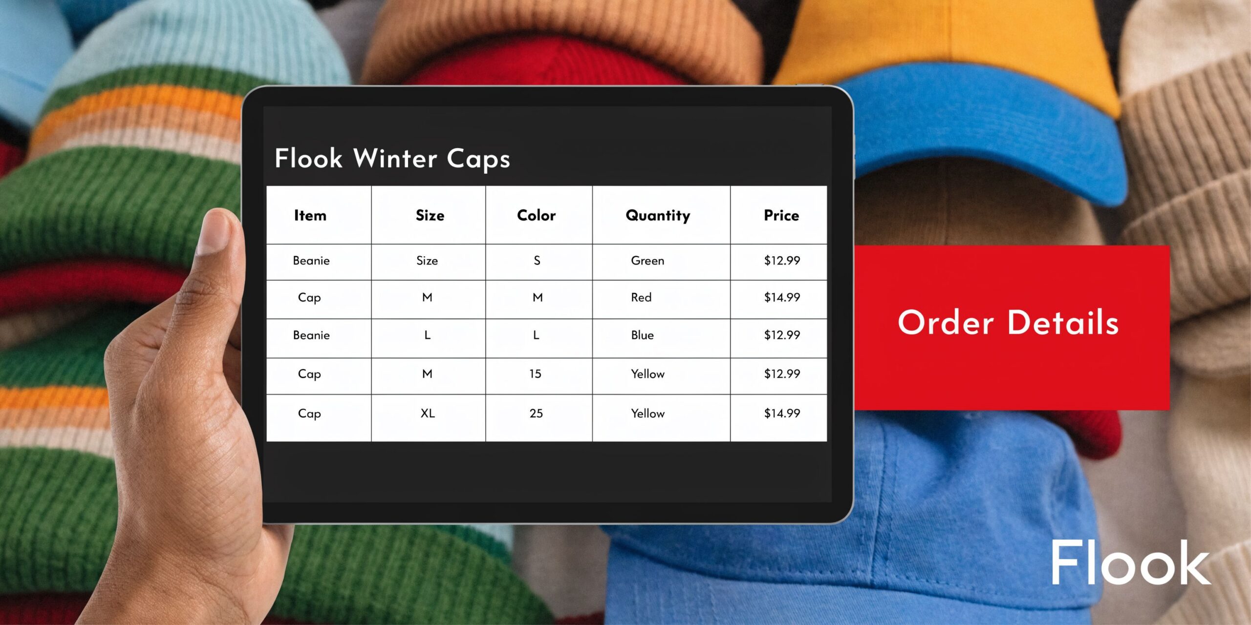 A hand holding a tablet displaying a table of Flook Winter Caps order details with pricing.