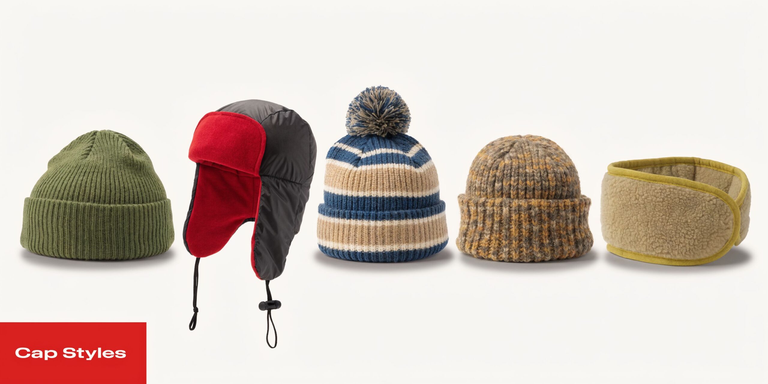 A collection of various winter hats, including beanies, a trapper hat, and an ear warmer headband.