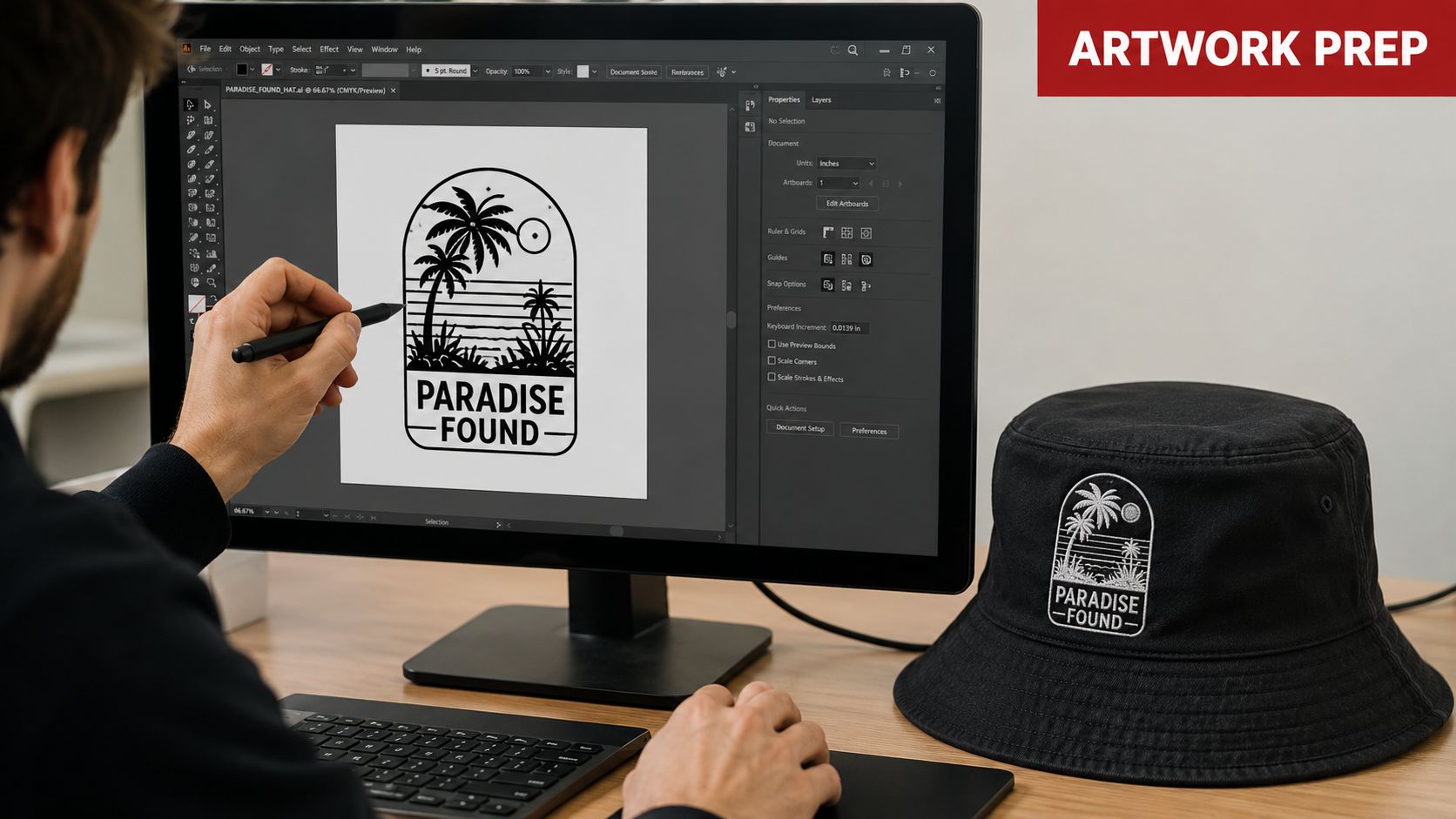 A graphic designer editing a tropical logo design on a computer for custom bucket hat embroidery.