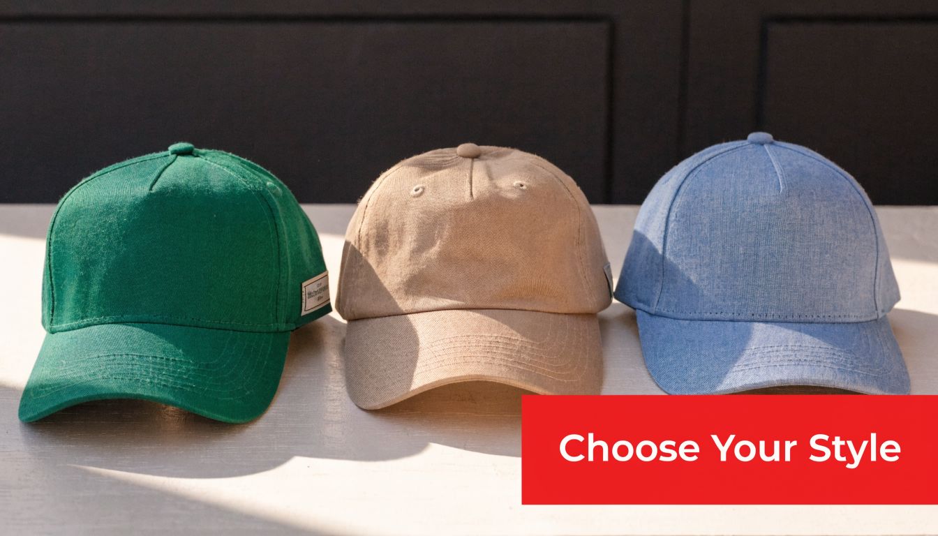 A row of three plain cotton twill baseball caps in green, beige, and blue colors.