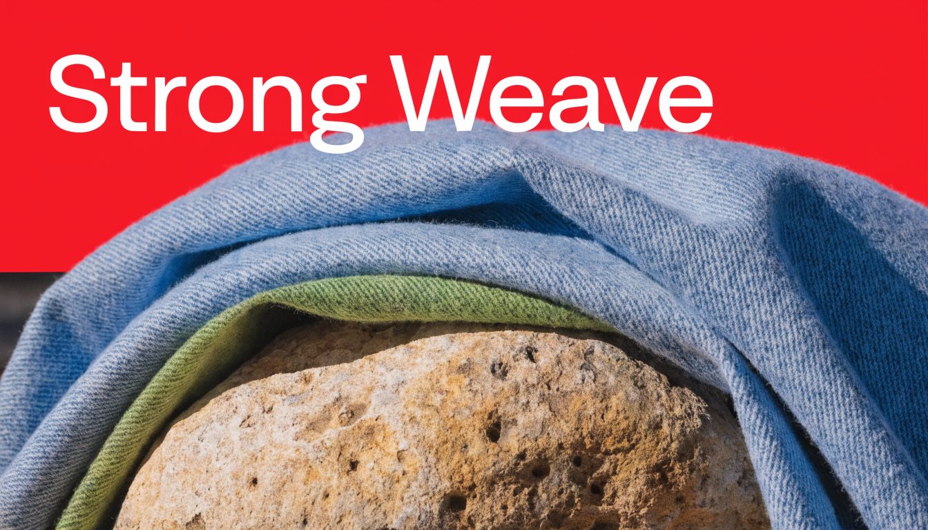 A piece of light blue denim fabric draped over a rough textured rock against a red background.