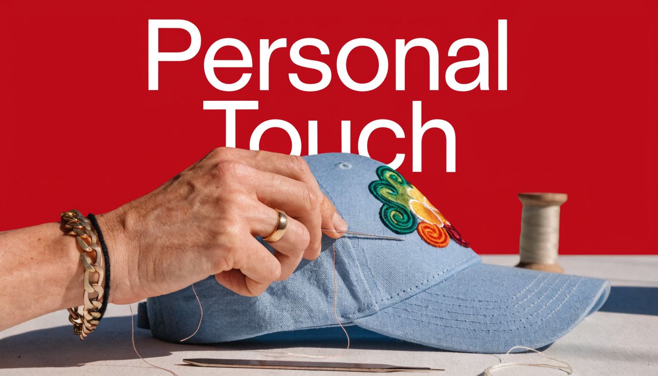 A person's hand using a needle and thread to embroider a colorful flower design onto a blue cap.