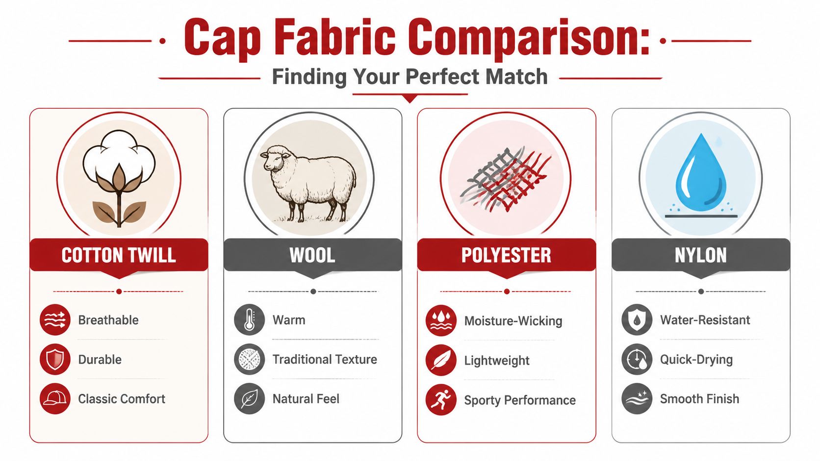 An infographic titled Cap Fabric Comparison showing icons and features for cotton twill, wool, polyester, and nylon fabrics.