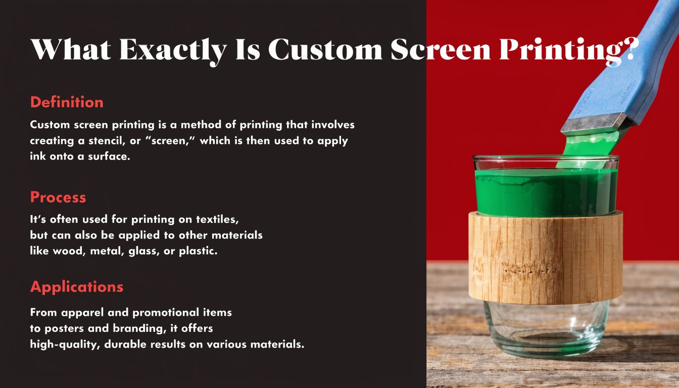 A graphic explaining custom screen printing with text definitions next to a glass with green ink.