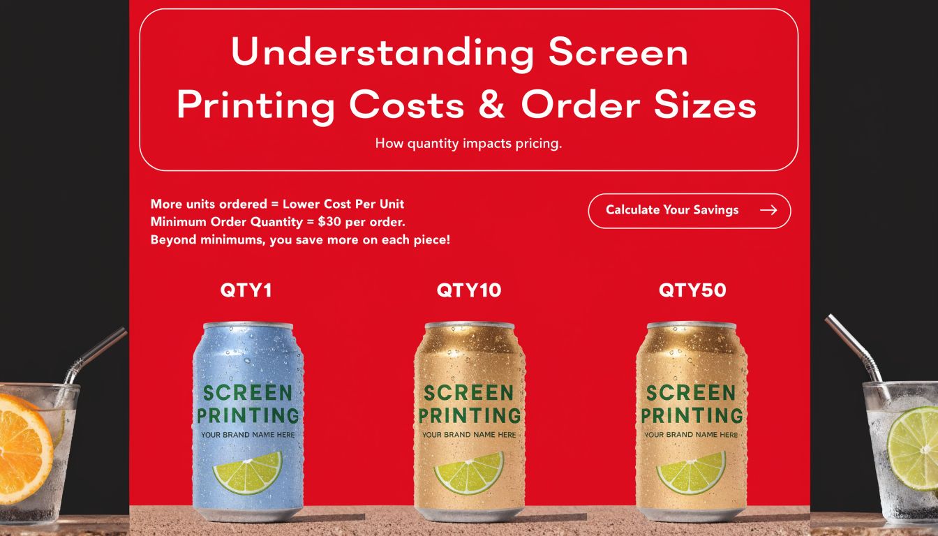 A red infographic explaining how higher order quantities reduce the unit cost of custom screen printing.
