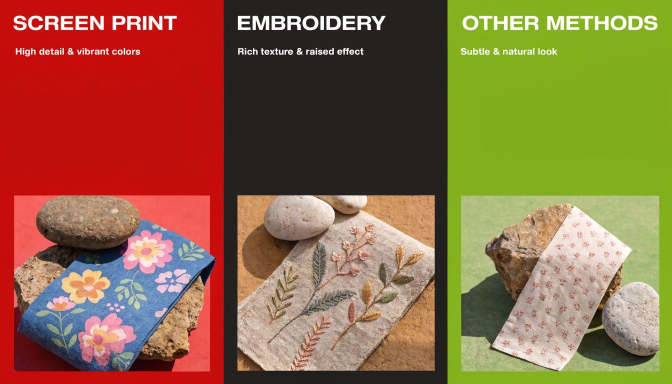 A comparison showing three different textile decoration techniques: screen printing, embroidery, and other natural printing methods.
