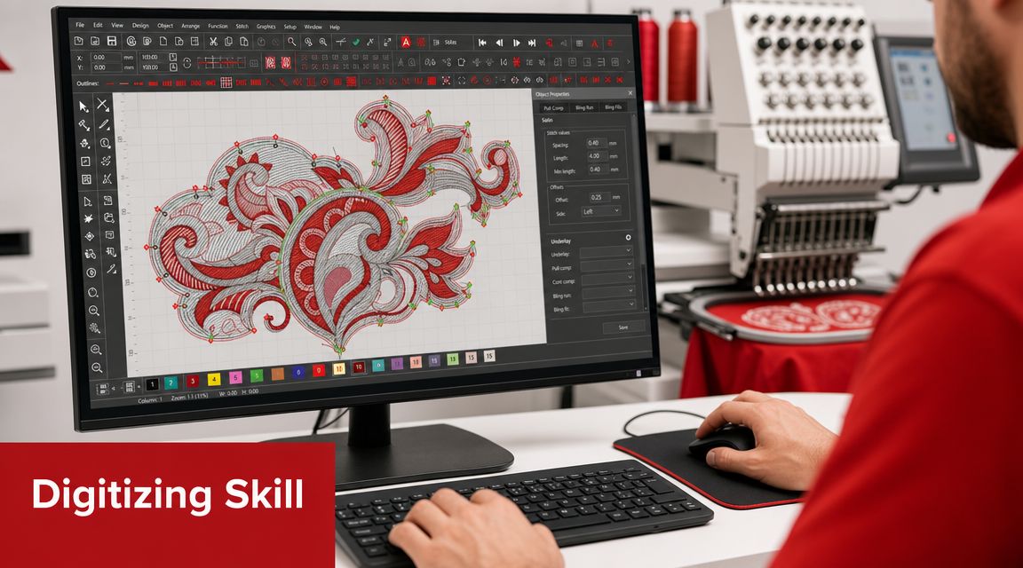 A professional designer uses embroidery software on a computer to create intricate digital designs for machines.