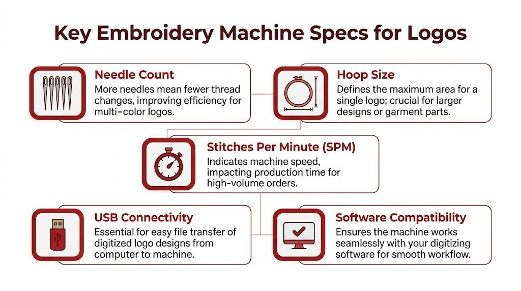 A visual guide outlining five key technical specifications to consider when choosing an embroidery machine for logos.