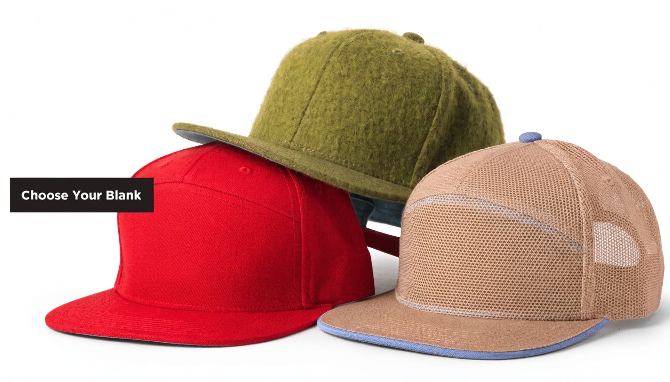 Three different styles of flat bill snapback hats displayed on a white background, viewed from the side.