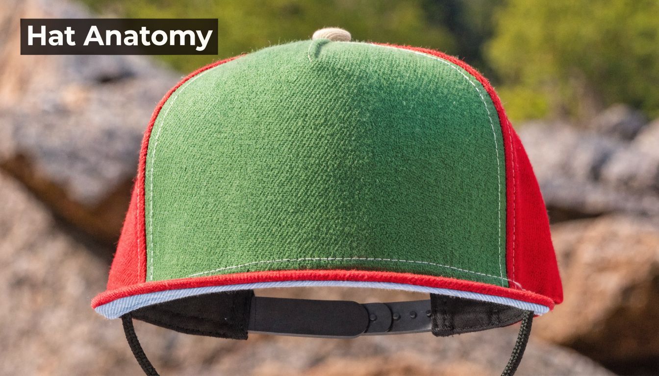 A close up back view of a custom multi-colored snapback hat featuring red and green panels.