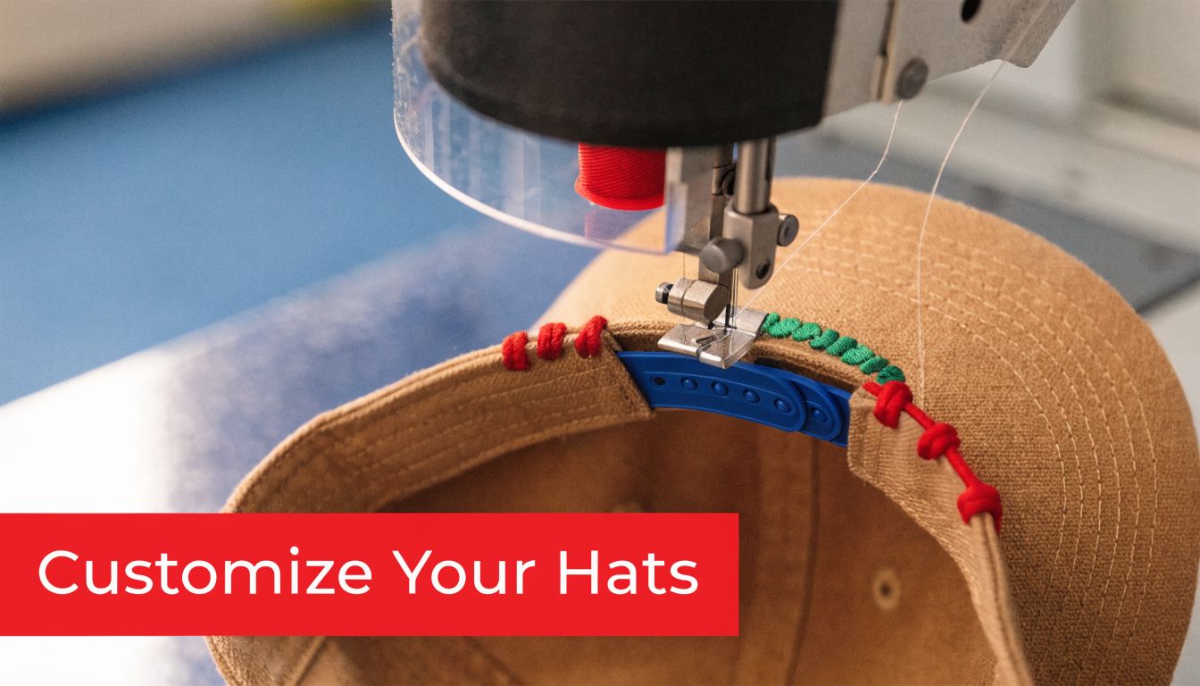 A sewing machine stitching decorative threads onto the back strap of a brown baseball hat.