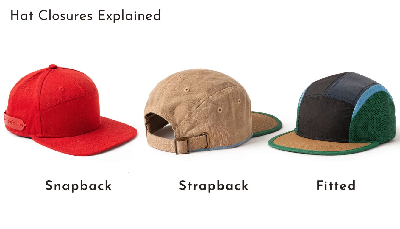 A diagram comparing three different hat closure styles including a red snapback, a tan strapback, and a fitted hat.