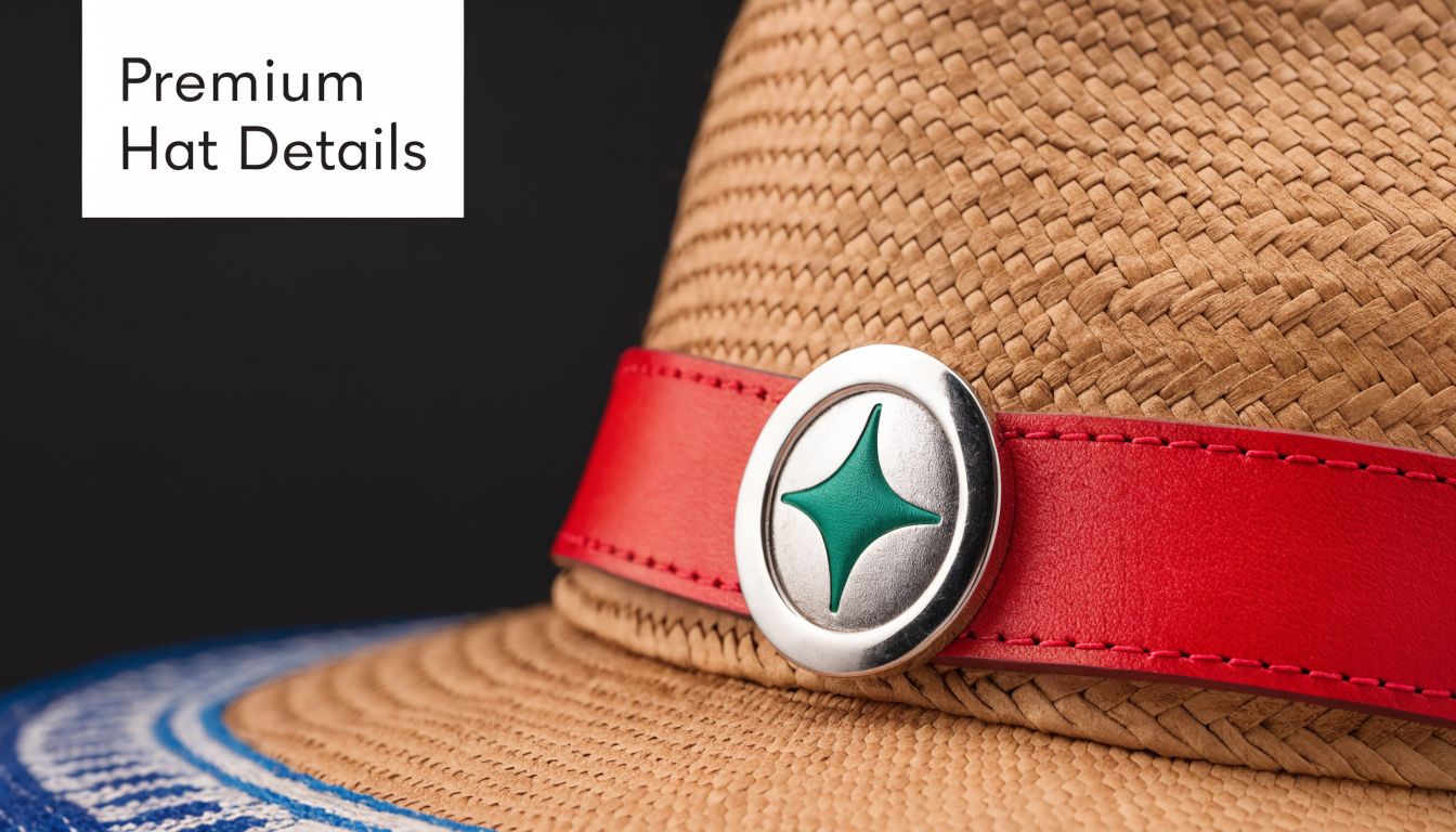 A close-up shot of a woven straw hat featuring a vibrant red leather band and metallic star emblem.