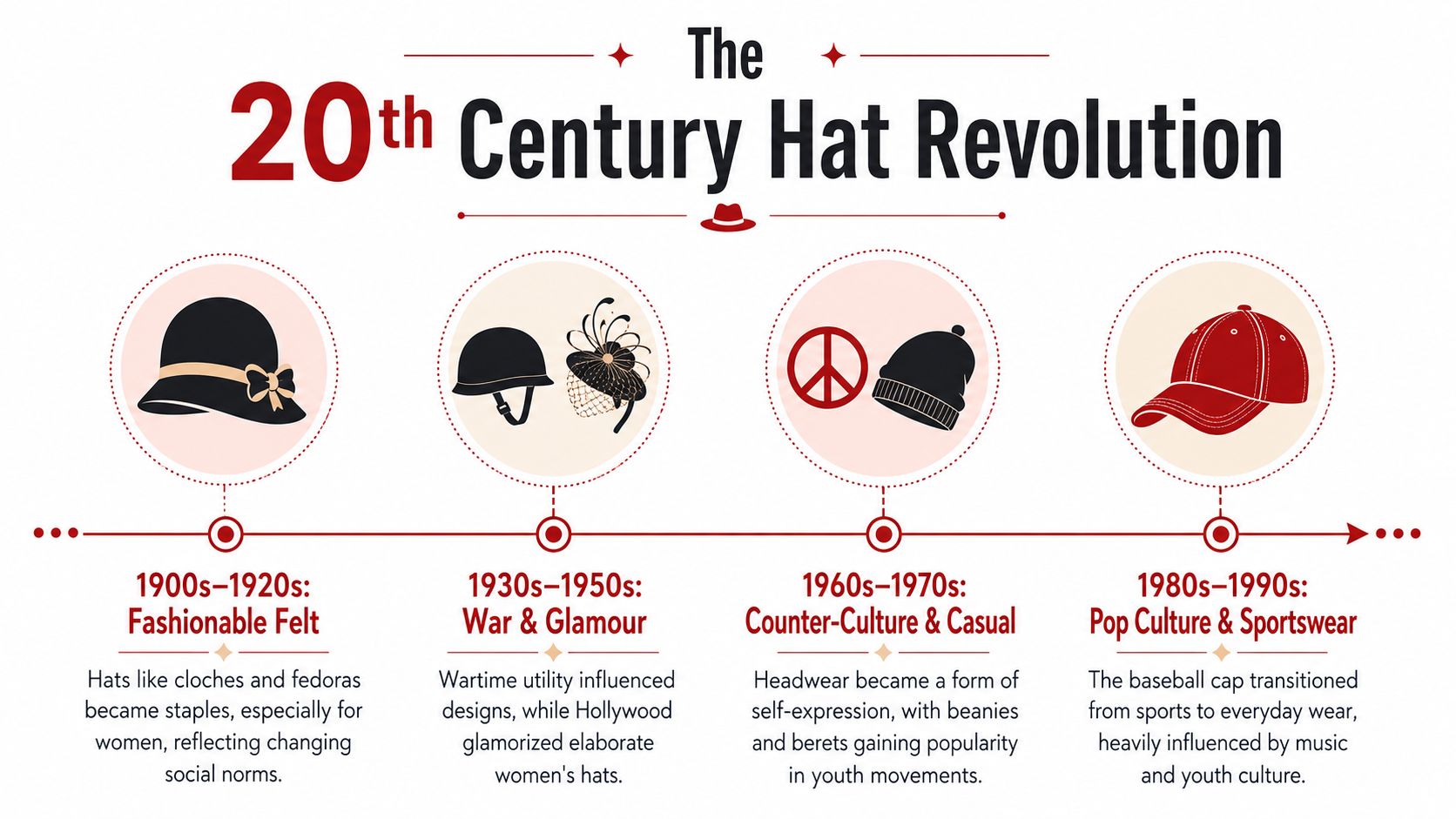 A timeline infographic illustrating the evolution of hats through the 20th century from 1900 to 1990.