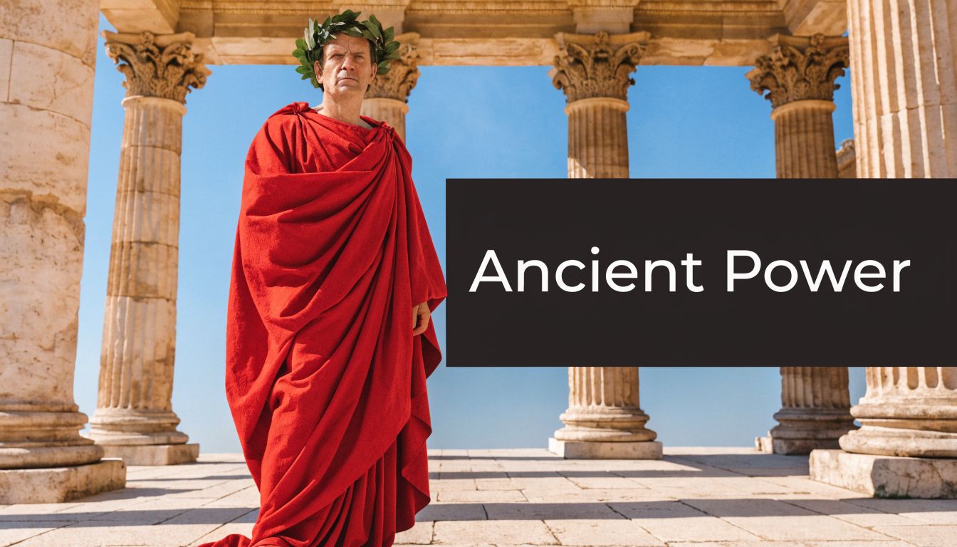 A man dressed in a traditional Roman toga and laurel wreath standing among ancient stone pillars.