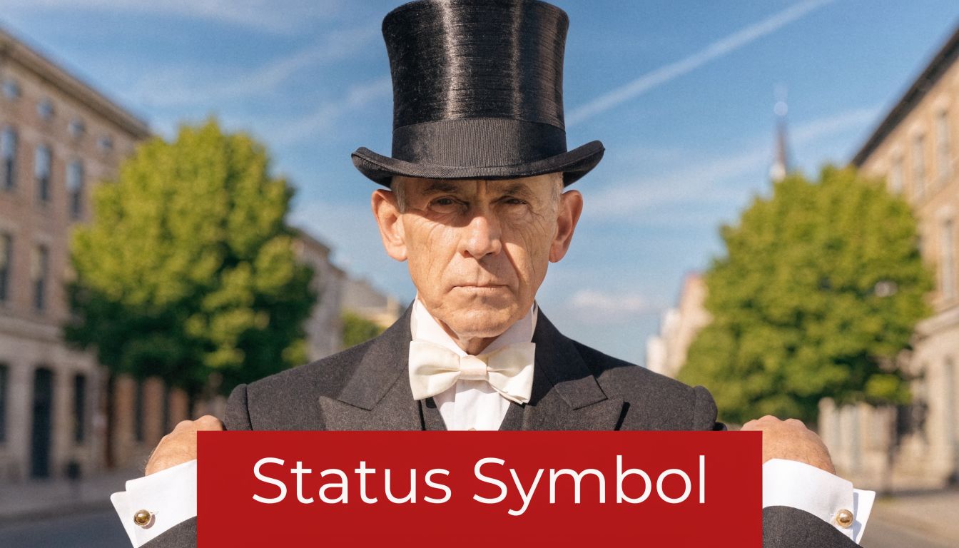 A dignified elderly man wearing a classic black top hat and formal evening attire outdoors.