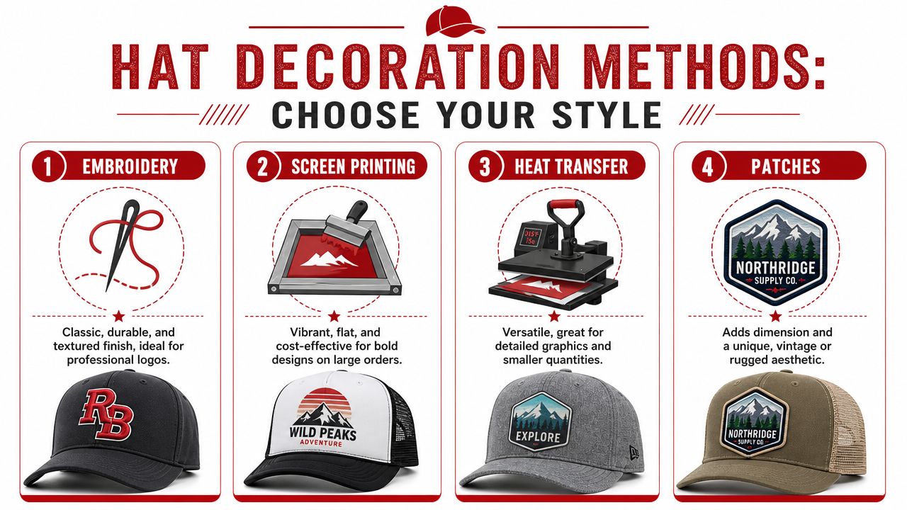 An infographic showing four common hat decoration methods including embroidery, screen printing, heat transfer, and patches.