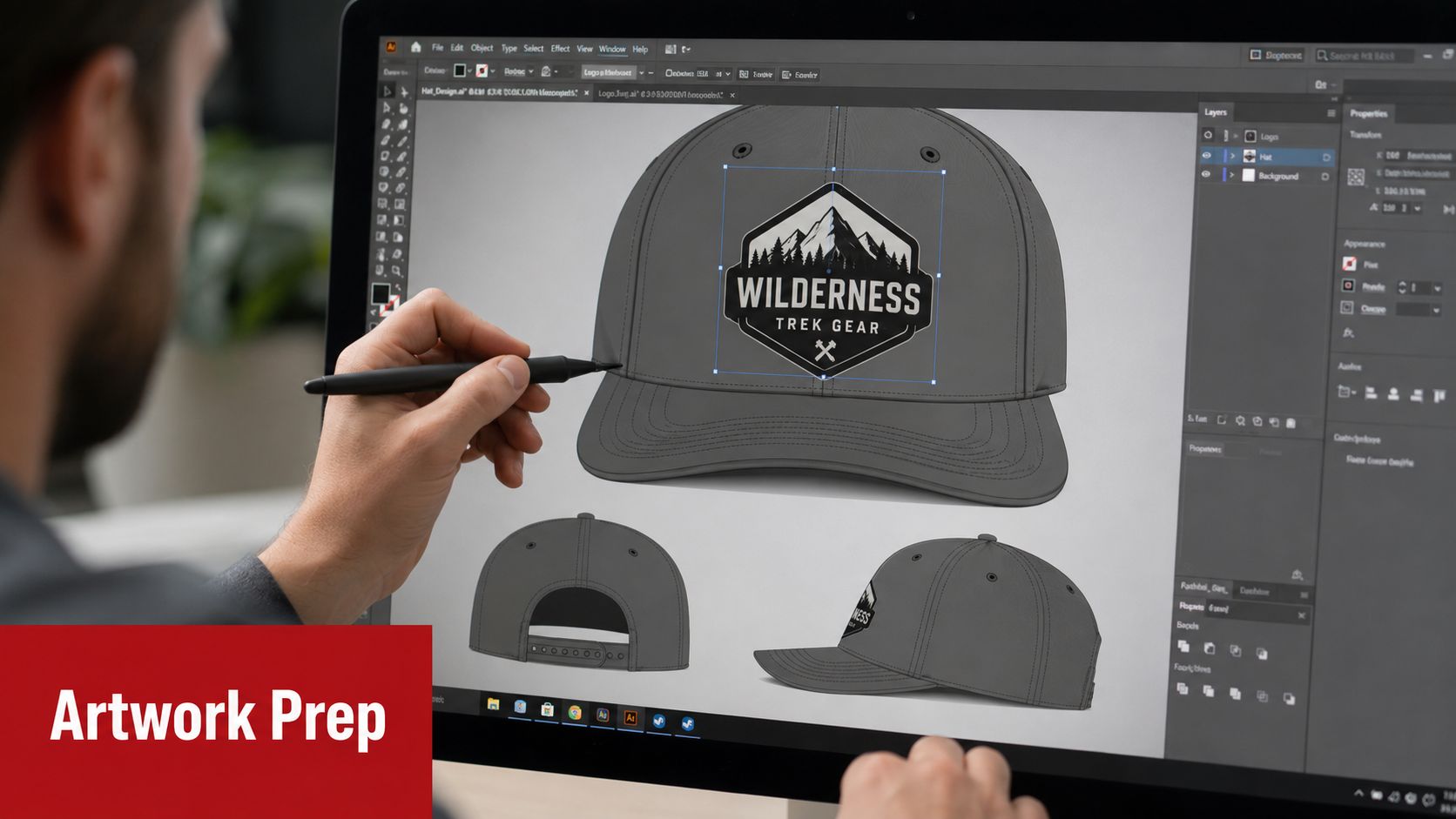 A professional designer using a digital pen to edit a hat logo design on computer screen