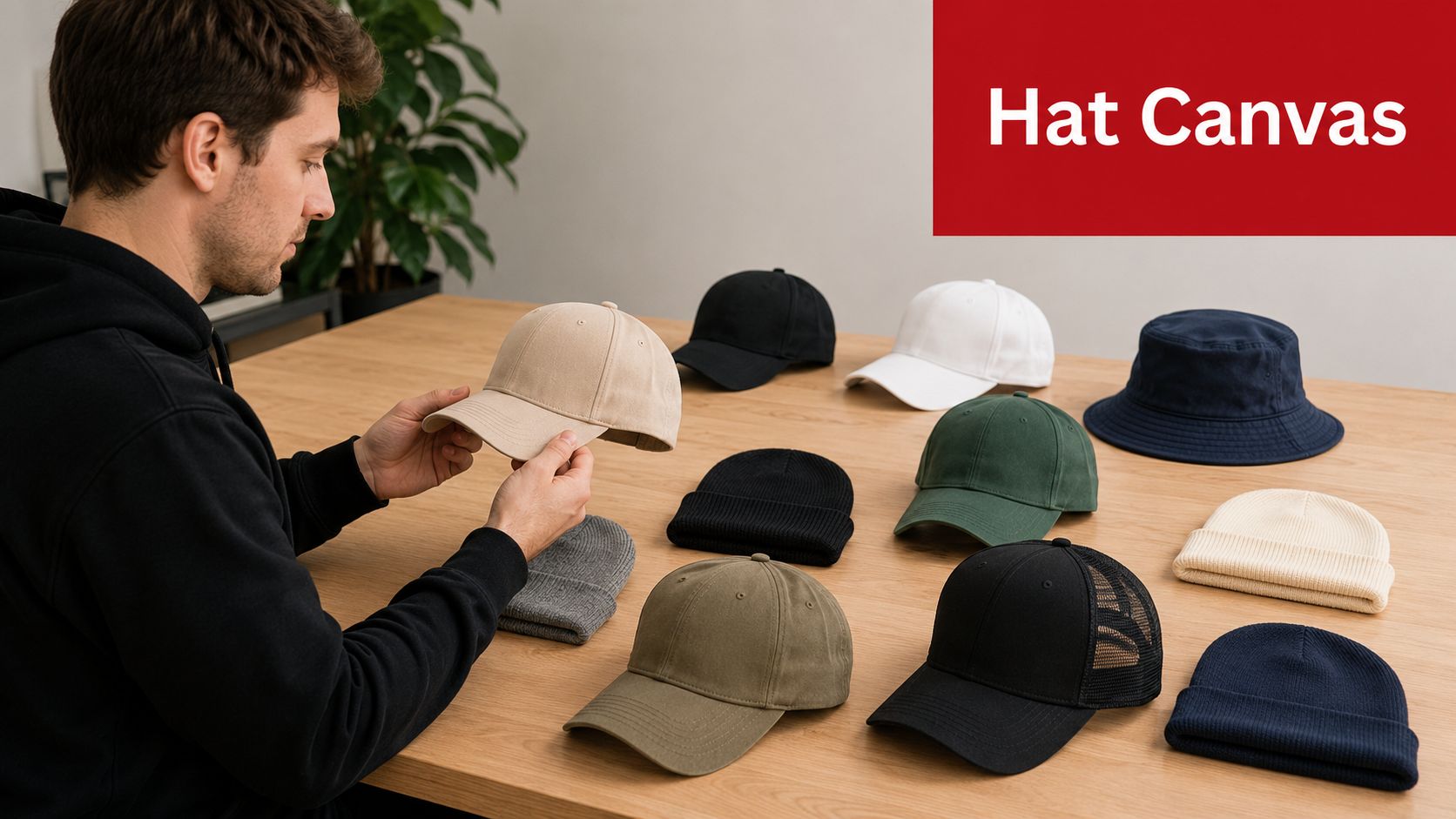 A man inspecting a plain beige baseball cap in a studio filled with various blank headwear options.