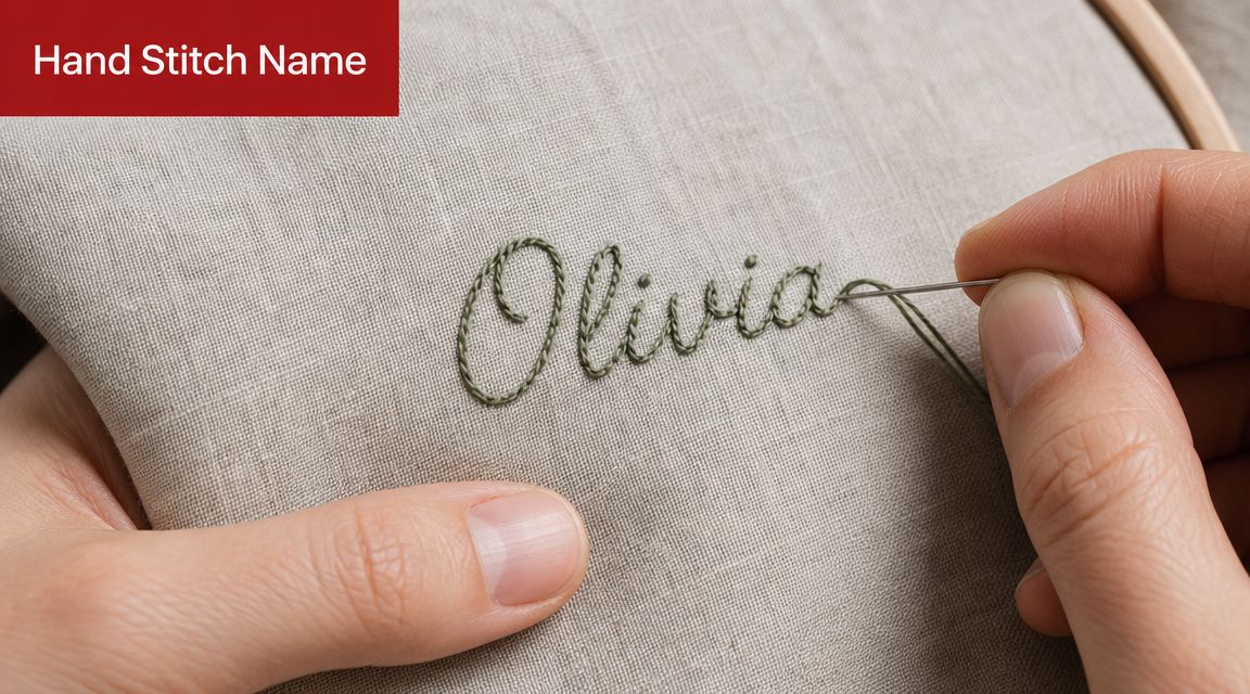 Close-up of hands hand-stitching the name Olivia onto beige fabric using dark green embroidery thread.