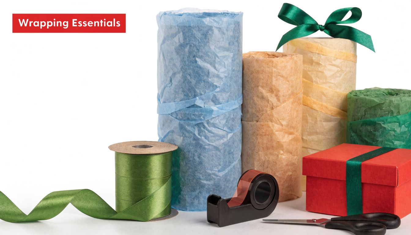 A collection of colorful tissue paper rolls, green ribbon, tape dispenser, scissors, and a red gift box.