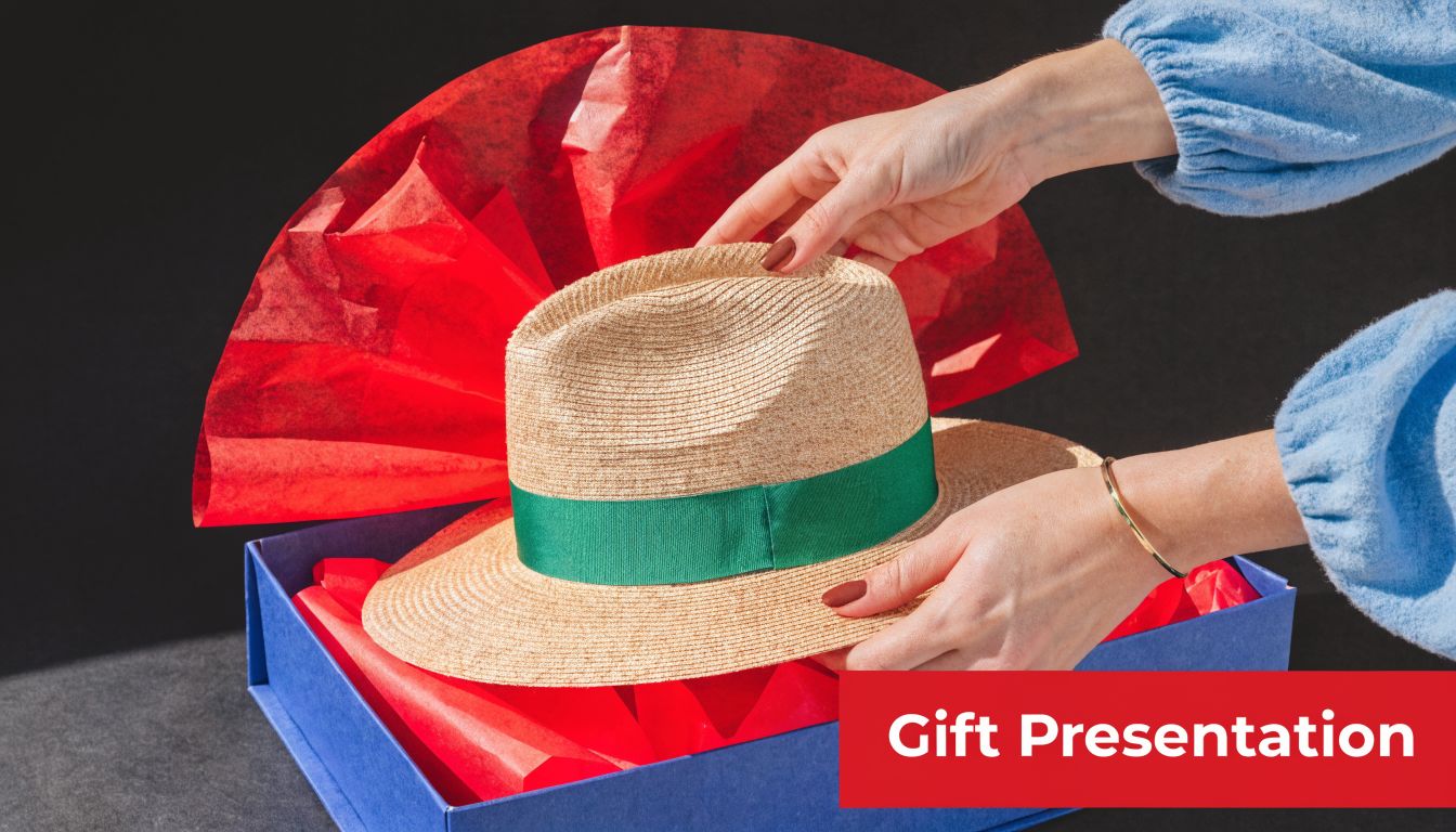 A pair of hands placing a straw fedora hat with a green ribbon into a blue gift box.