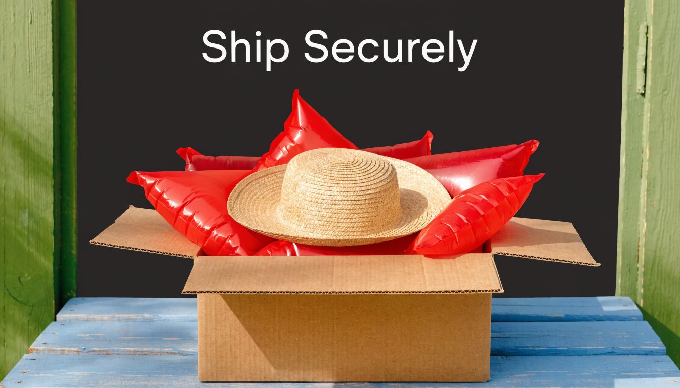 A straw hat protected with red air cushion packaging inside a cardboard box on a table.