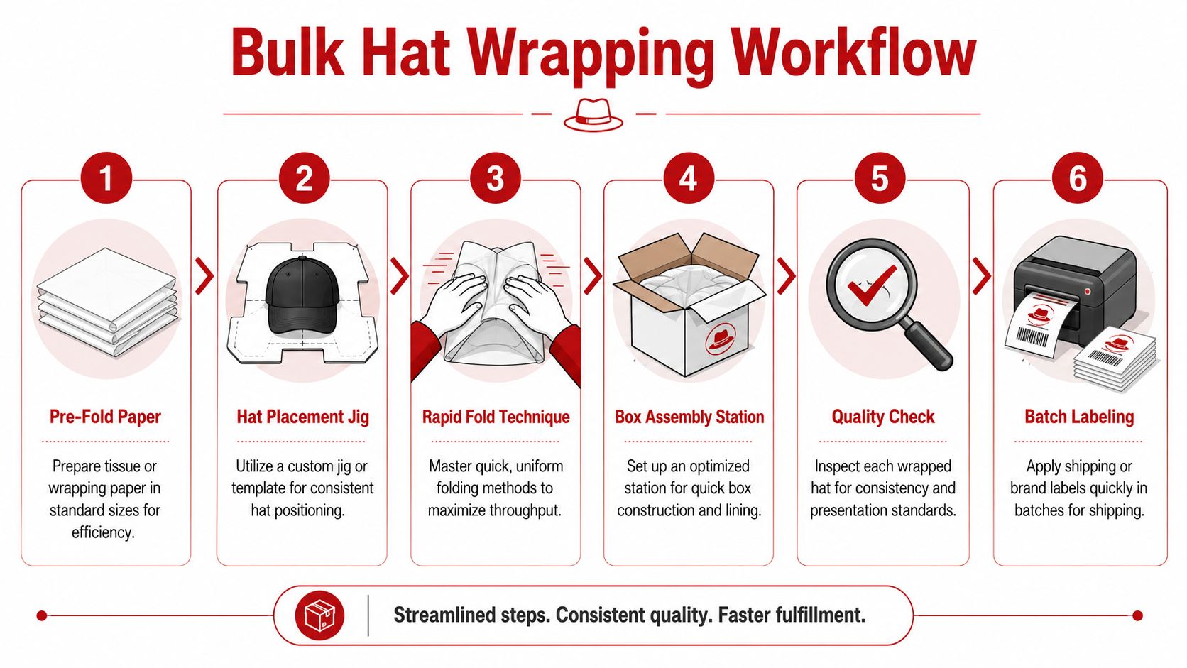 A six-step diagram illustrating an efficient workflow for bulk hat wrapping and packaging for shipping.