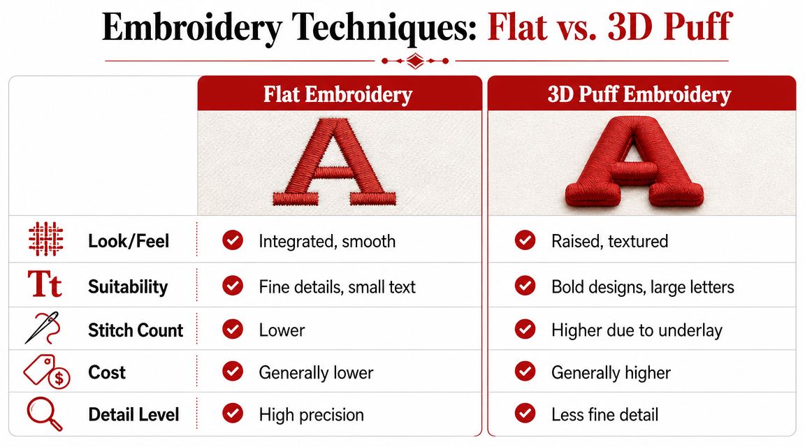 Flat Stitch vs 3D Puff Embroidery