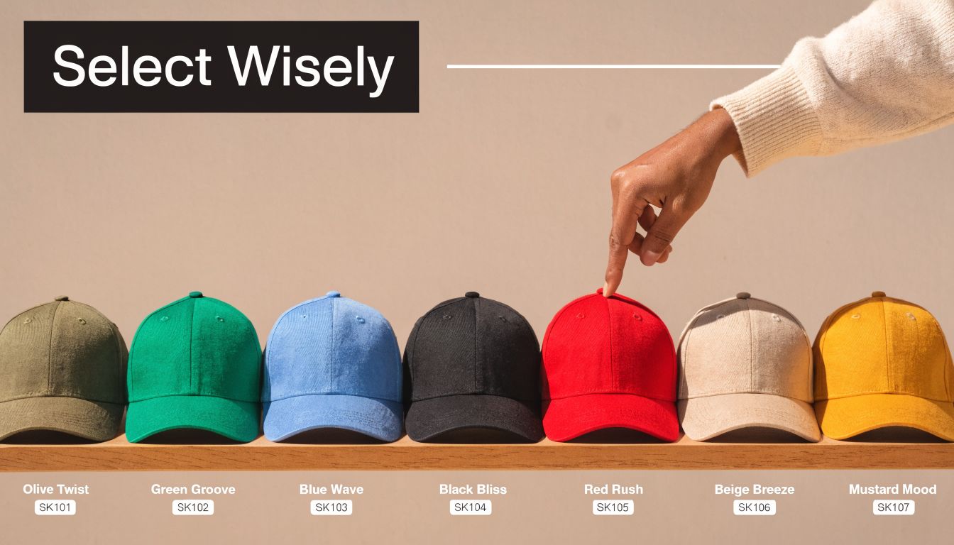 A hand selecting a red low profile cap from a colorful row of baseball hats on a shelf.