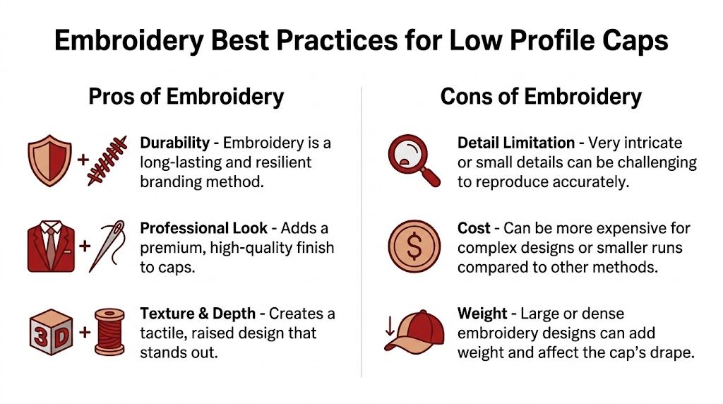 A comparison chart outlining the professional pros and cons of using embroidery on low profile caps.