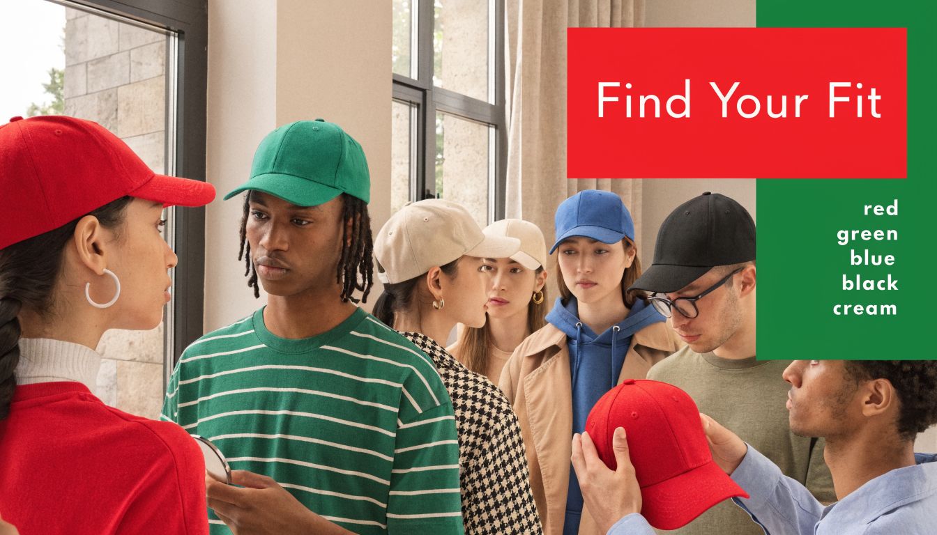A diverse group of people trying on various colored baseball caps in a bright indoor setting.
