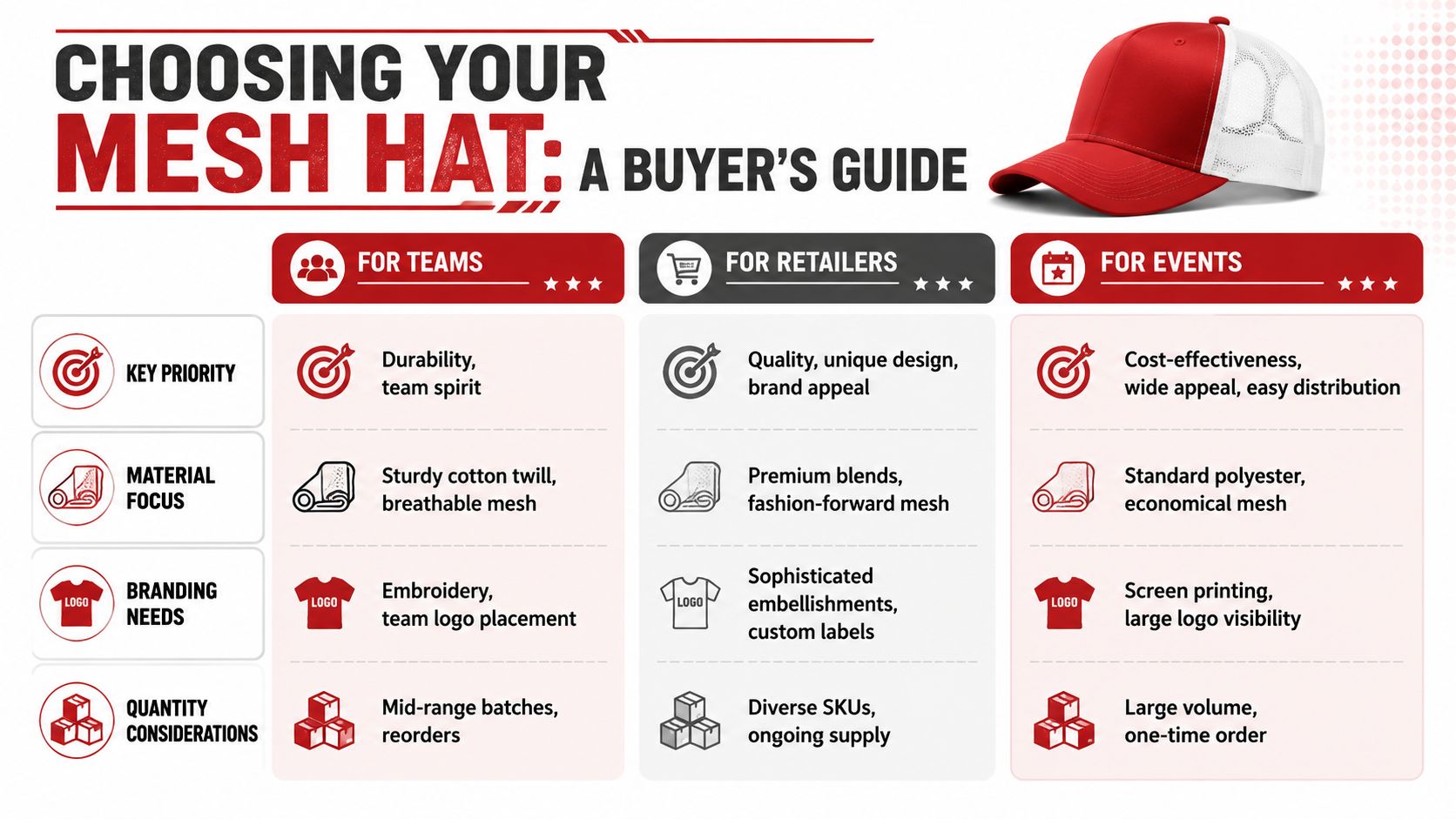 An infographic titled Choosing Your Mesh Hat detailing buying considerations for teams, retailers, and special events.