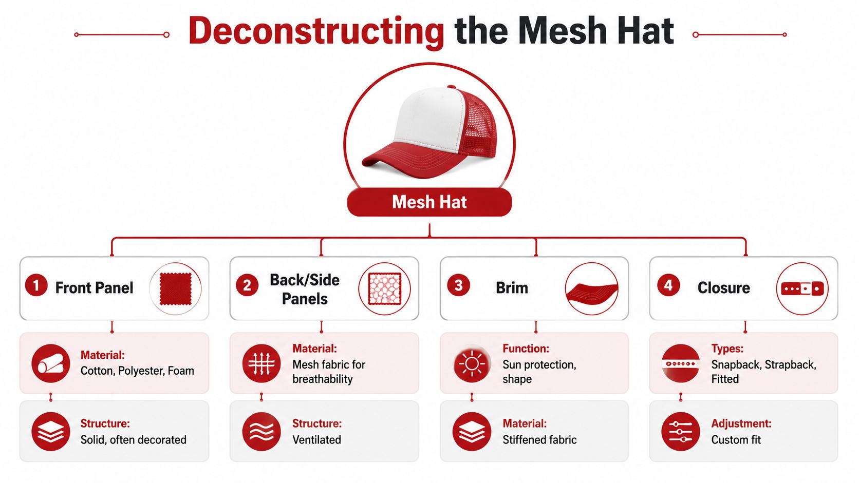 An infographic titled Deconstructing the Mesh Hat explaining the components, materials, and functions of a cap.