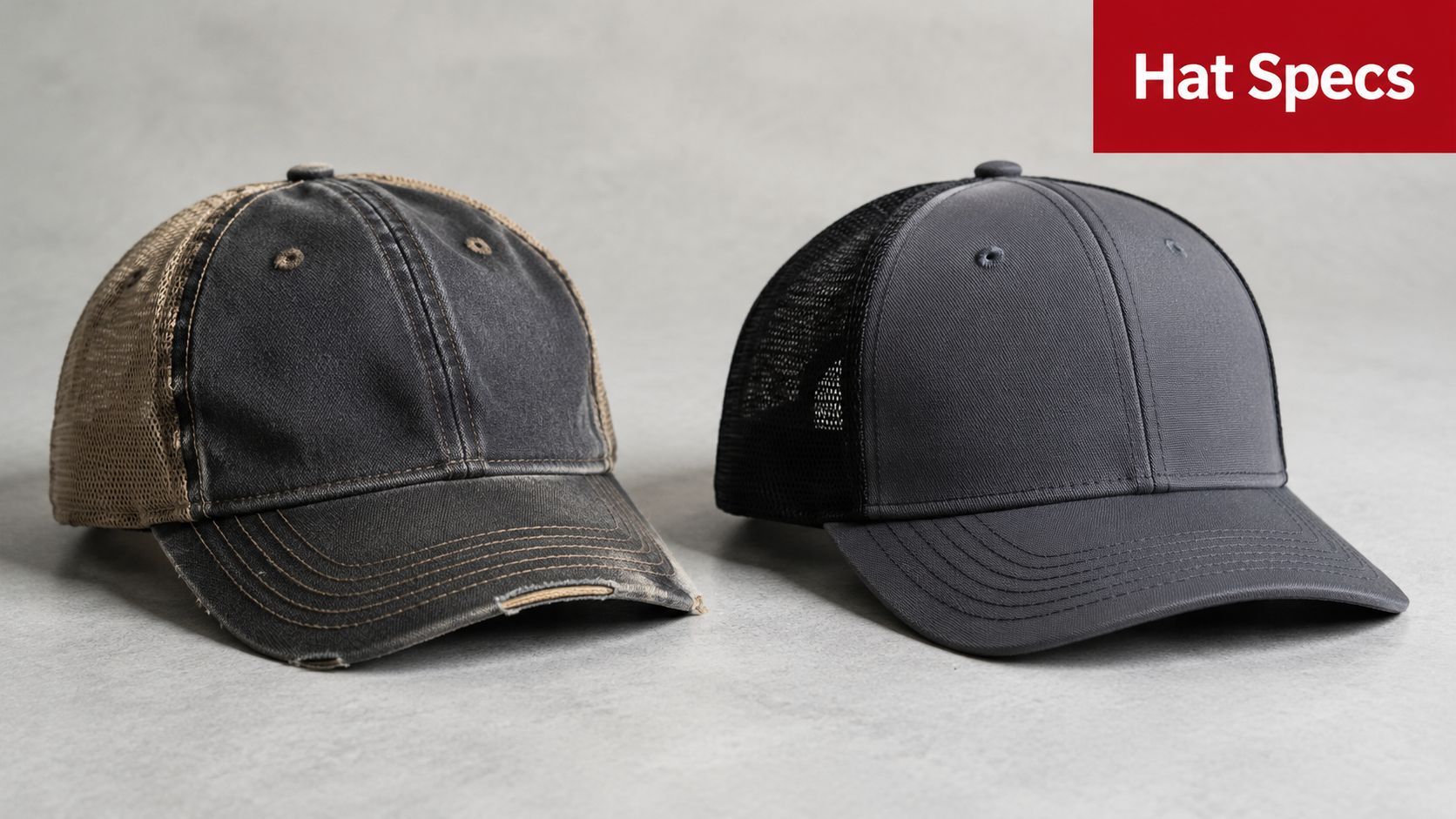 Two stylish trucker hats with mesh backs displayed side by side on a neutral gray background.