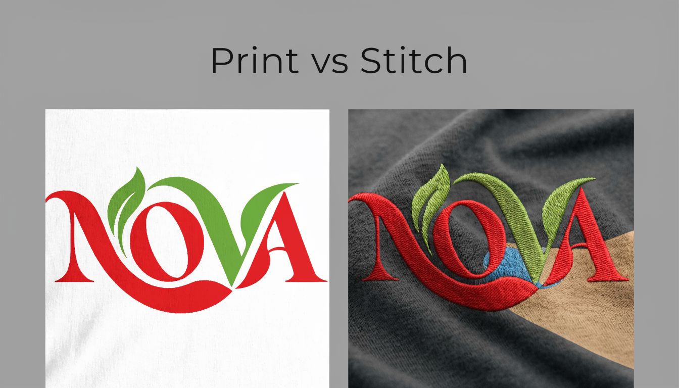A side-by-side comparison showing a Nova logo as a smooth digital print and an embroidered stitched design.