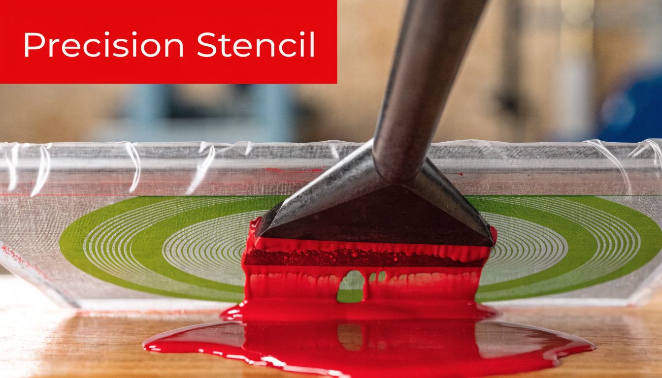 A close-up view of a metal squeegee applying red ink through a green stencil onto a surface.