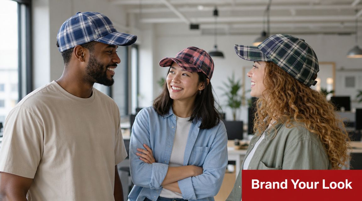 A diverse group of three colleagues smiling while wearing stylish custom plaid baseball caps in an office.