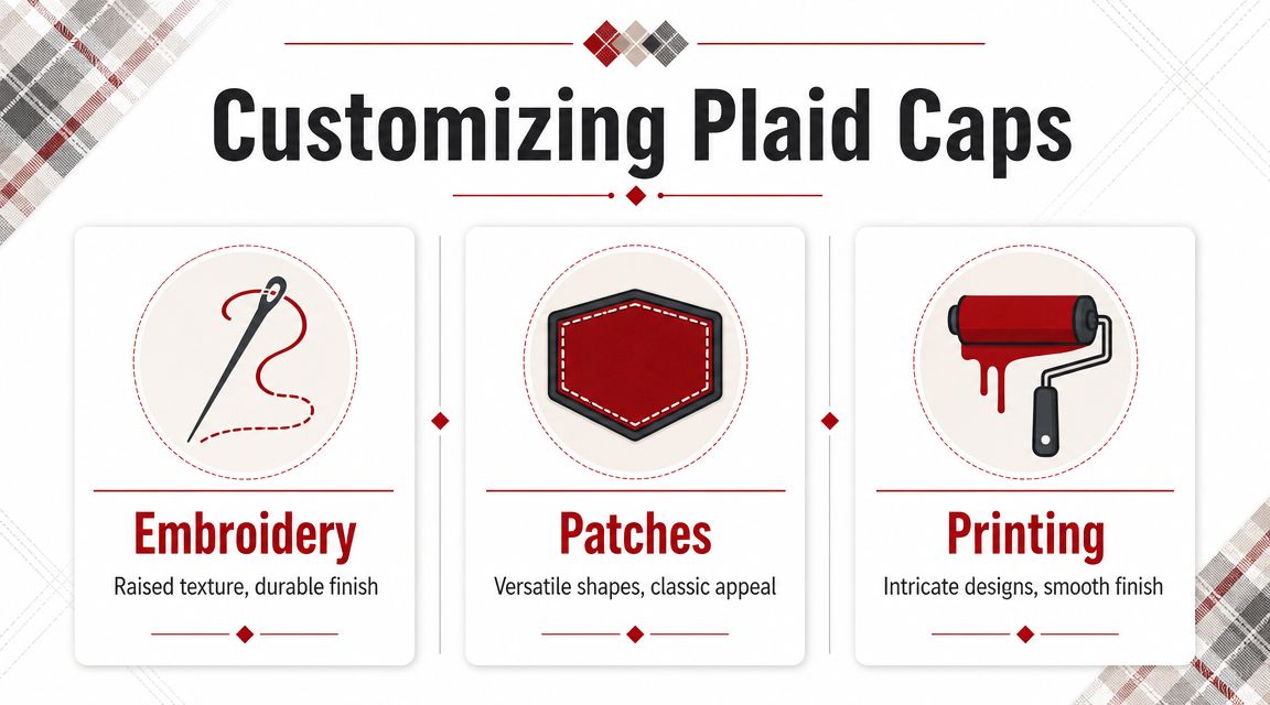 A guide illustrating three methods for customizing plaid caps: embroidery, patches, and printing, with brief descriptions.
