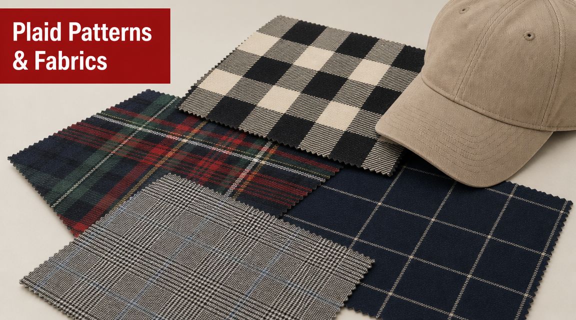 A beige baseball cap resting on top of various fabric swatches with different plaid and checkered patterns.