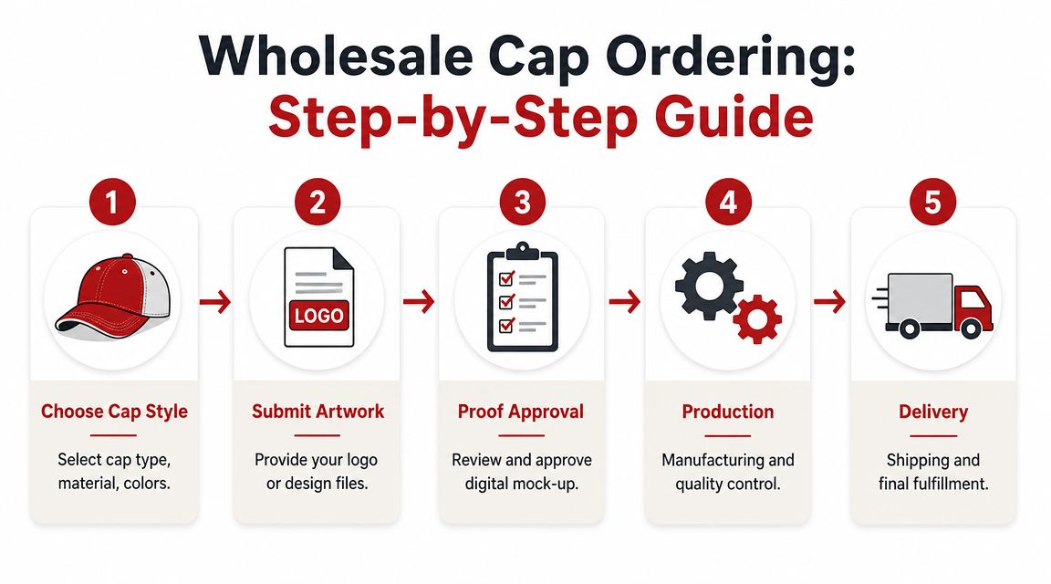 A step-by-step infographic illustrating the wholesale cap ordering process from style selection to final delivery.