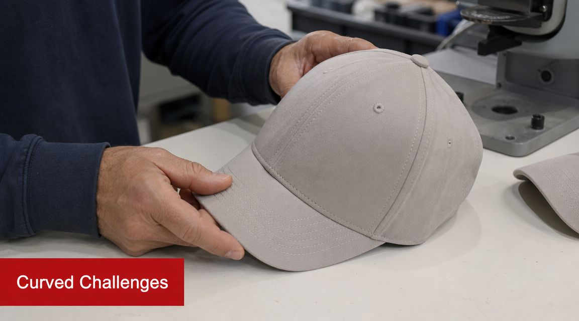 A person holding a light grey baseball cap during a printing and embroidery production process.