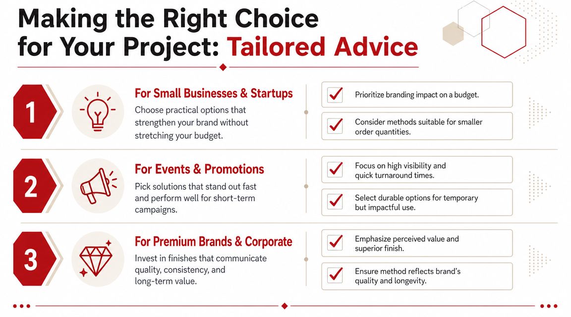 An infographic titled Making the Right Choice for Your Project, categorizing advice for startups, events, and corporate brands.