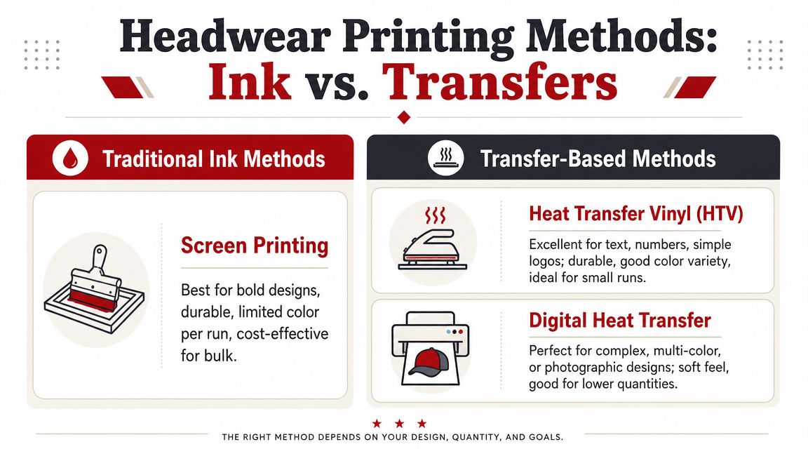 A comparison chart outlining traditional ink methods and transfer-based methods for printing on headwear and hats.