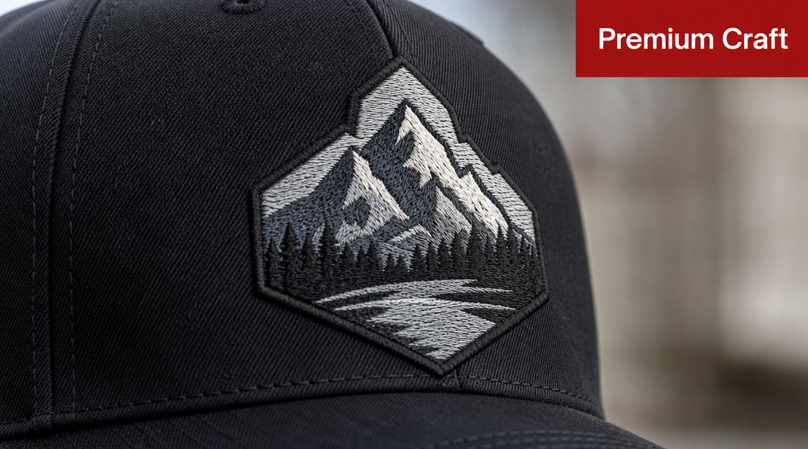 Close-up of a high-quality embroidered mountain landscape patch on a black baseball cap.