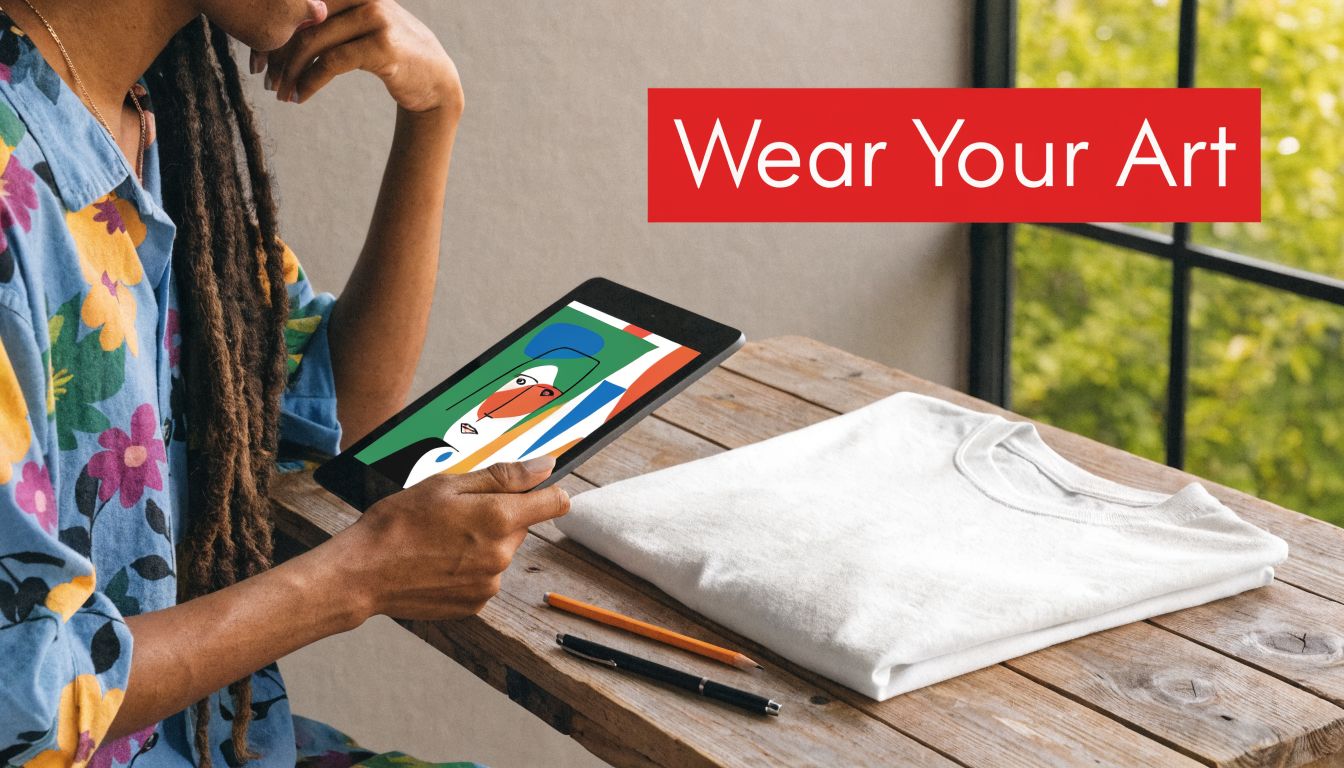 A person using a digital tablet to design custom artwork on a blank white t-shirt mockup.